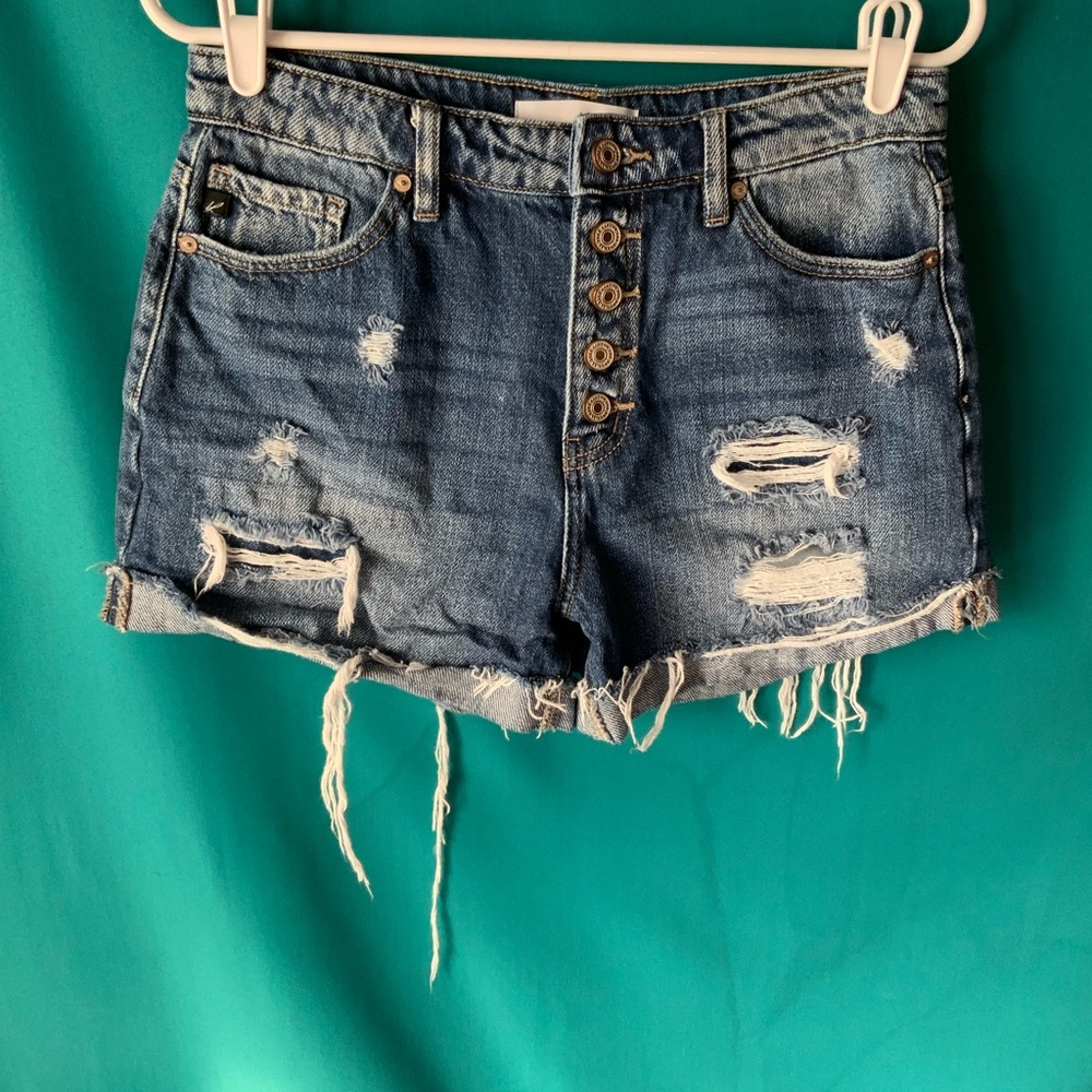 KanCan Jovana Ultra High Rise Blue Distressed Jean Shorts, Medium Wash